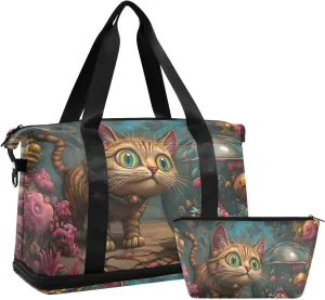 AIXIWAWA Duffel Bag Abstract Cartoon Cat Print with for Travel Gym with Shoes Compartment Large Capacity with Toiletry Bag