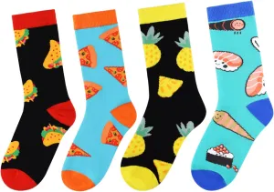 ALANGDUO Kids Boys Girls Novelty Crew Socks, 4 Pack Funny Crazy Cotton Socks for Kids, Cute Food Cartoon Casual Crew Socks, Funky Dress Stockings for Children Aged 6-10 Years Old