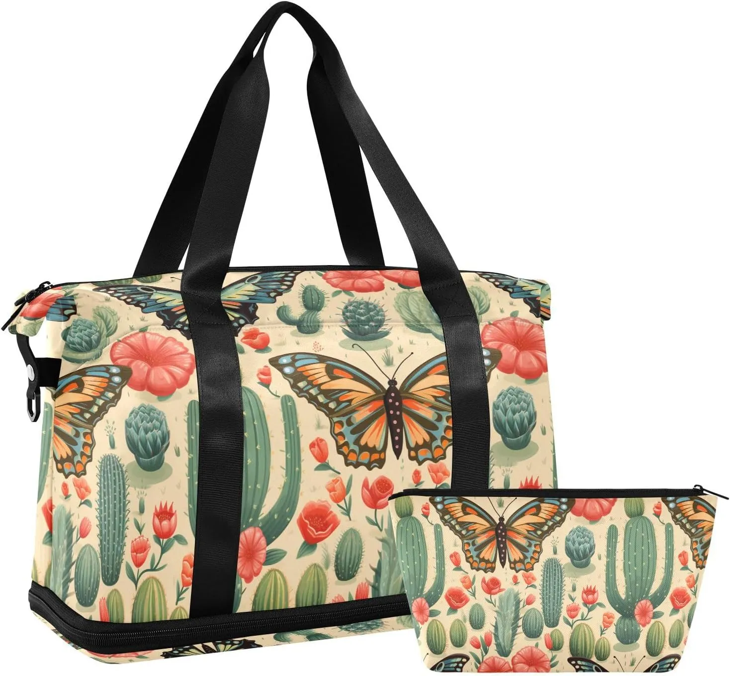ALAZA Cactus Butterfly Gym Bag Sports Duffel Bag with Shoes Compartment, Overnight Weekender Travel Tote Bag for Women Men Trip College