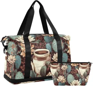 ALAZA Coffee Cactuses Gym Bag Sports Duffel Bag with Shoes Compartment, Overnight Weekender Travel Tote Bag for Women Men Trip College