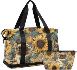 ALAZA Coffee Sunflowers Gym Bag Sports Duffel Bag with Shoes Compartment, Overnight Weekender Travel Tote Bag for Women Men Trip College