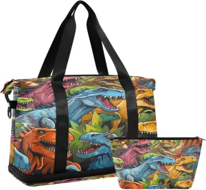 ALAZA Colorful Dinosaurs Gym Bag Sports Duffel Bag with Shoes Compartment, Overnight Weekender Travel Tote Bag for Women Men Trip College