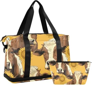 ALAZA Cows Sunflowers Gym Bag Sports Duffel Bag with Shoes Compartment, Overnight Weekender Travel Tote Bag for Women Men Trip College