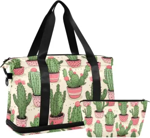 ALAZA Cute Cactus Dots Gym Bag Sports Duffel Bag with Shoes Compartment, Overnight Weekender Travel Tote Bag for Women Men Trip College