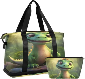 ALAZA Cute Dinosaur Gym Bag Sports Duffel Bag with Shoes Compartment, Overnight Weekender Travel Tote Bag for Women Men Trip College