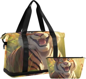ALAZA Cute Tiger Gym Bag Sports Duffel Bag with Shoes Compartment, Overnight Weekender Travel Tote Bag for Women Men Trip College