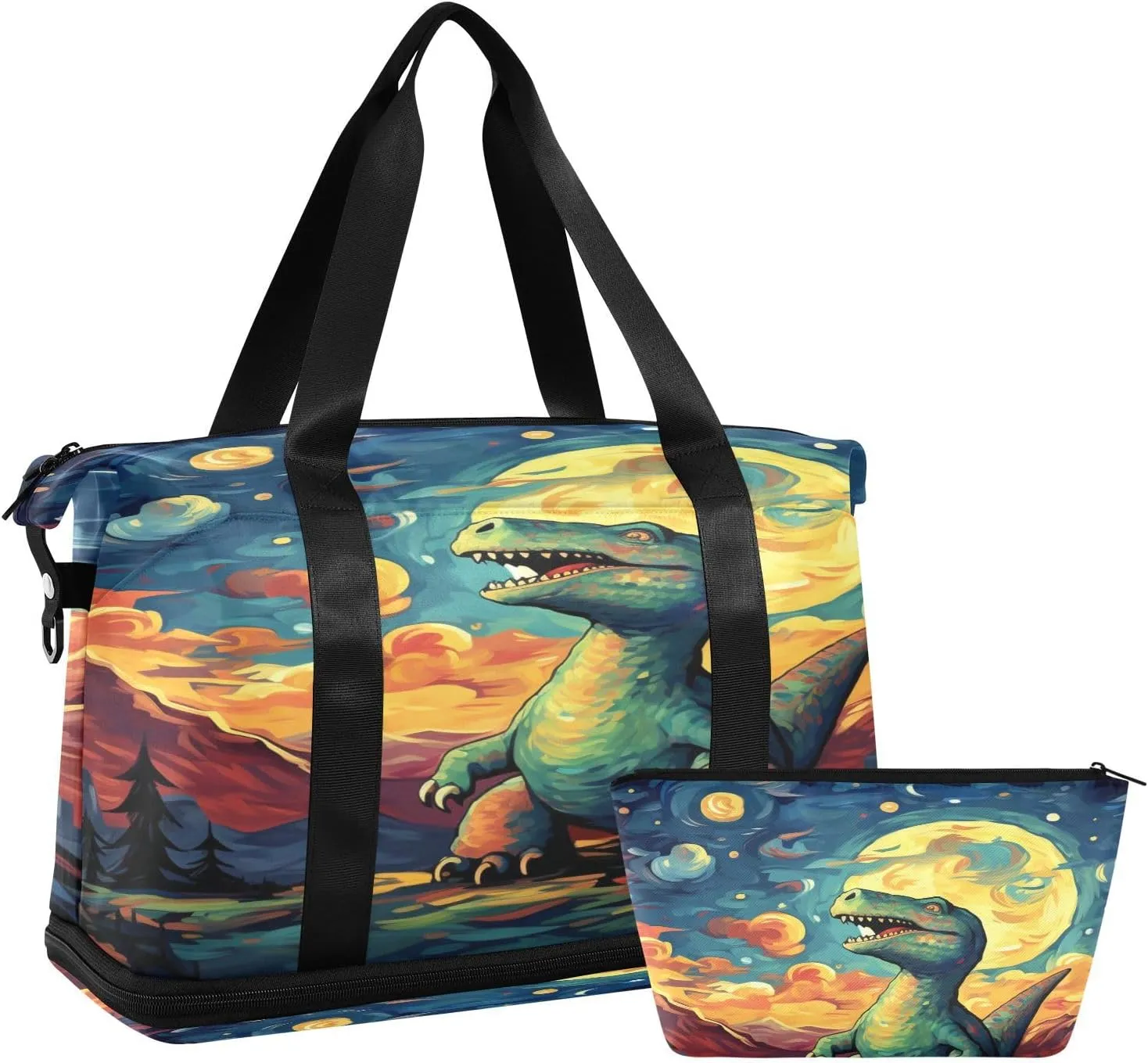 ALAZA Dinosaur Moon Gym Bag Sports Duffel Bag with Shoes Compartment, Overnight Weekender Travel Tote Bag for Women Men Trip College