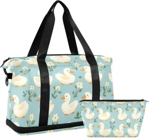 ALAZA Ducks Flowers Gym Bag Sports Duffel Bag with Shoes Compartment, Overnight Weekender Travel Tote Bag for Women Men Trip College