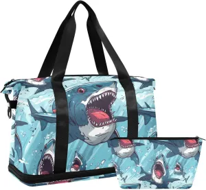 ALAZA Funny Sharks Gym Bag Sports Duffel Bag with Shoes Compartment, Overnight Weekender Travel Tote Bag for Women Men Trip College