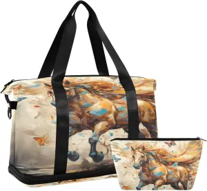 ALAZA Horse Butterfly Gym Bag Sports Duffel Bag with Shoes Compartment, Overnight Weekender Travel Tote Bag for Women Men Trip College