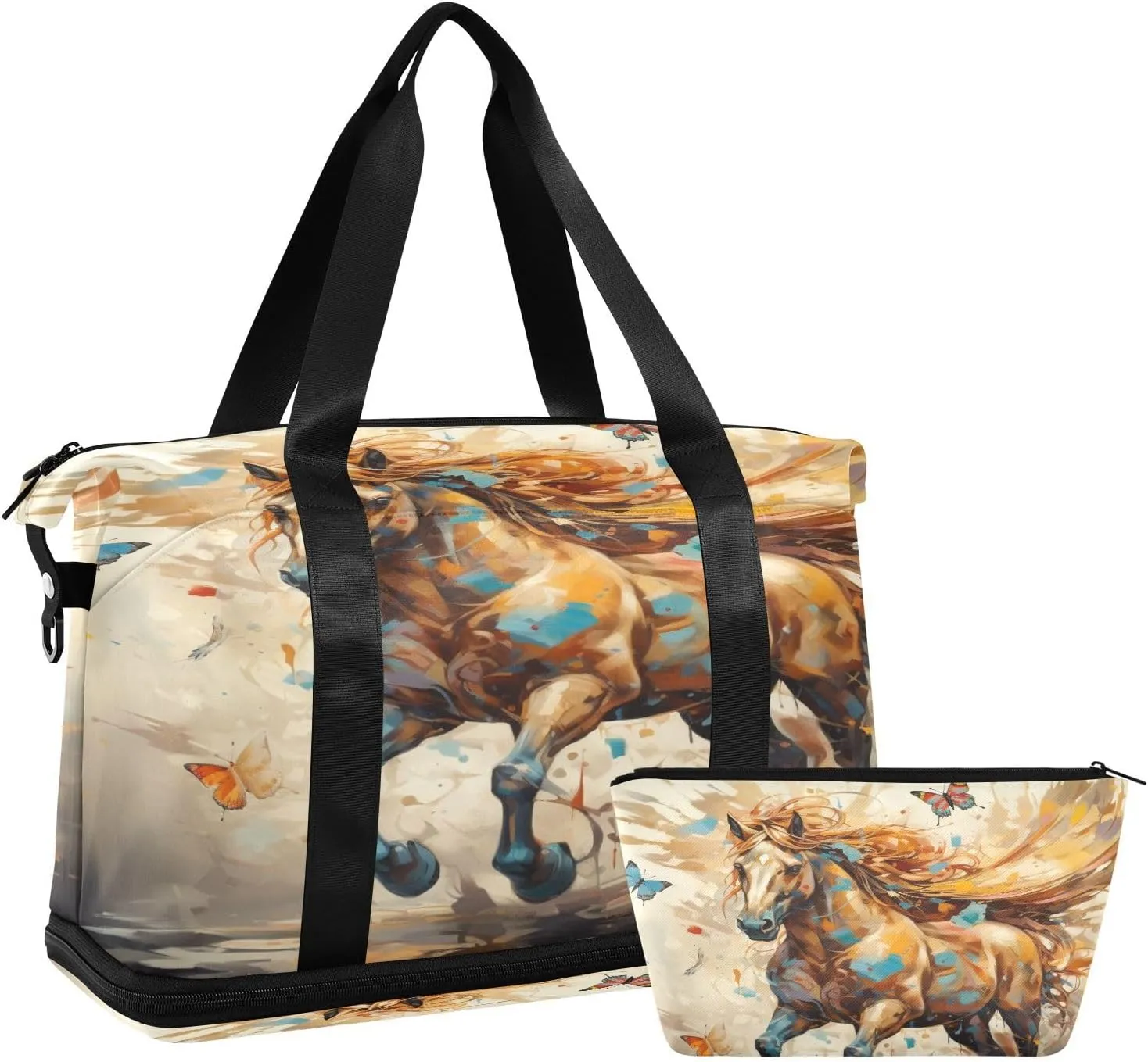 ALAZA Horse Butterfly Gym Bag Sports Duffel Bag with Shoes Compartment, Overnight Weekender Travel Tote Bag for Women Men Trip College