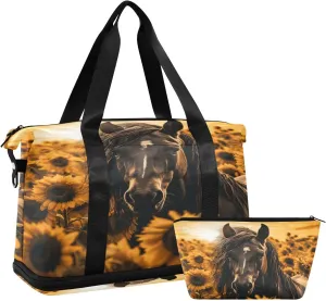 ALAZA Horse Sunflowers Gym Bag Sports Duffel Bag with Shoes Compartment, Overnight Weekender Travel Tote Bag for Women Men Trip College