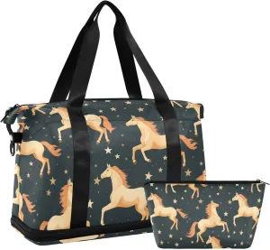 ALAZA Horses Stars Gym Bag Sports Duffel Bag with Shoes Compartment, Overnight Weekender Travel Tote Bag for Women Men Trip College