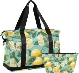 ALAZA Lemon Butterfly Gym Bag Sports Duffel Bag with Shoes Compartment, Overnight Weekender Travel Tote Bag for Women Men Trip College