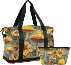 ALAZA Mushrooms Sunflowers Gym Bag Sports Duffel Bag with Shoes Compartment, Overnight Weekender Travel Tote Bag for Women Men Trip College