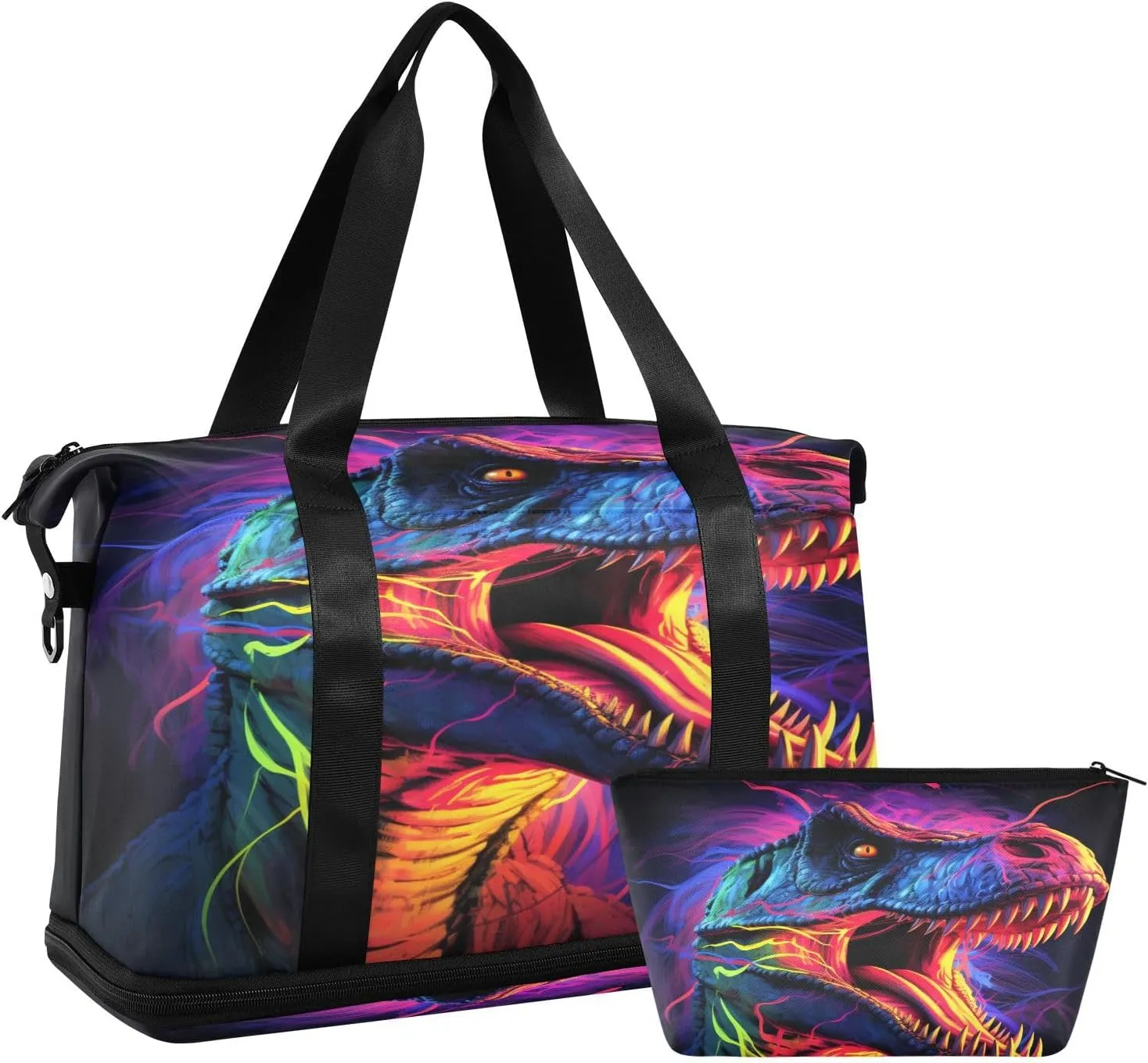 ALAZA Neon Dinosaur Gym Bag Sports Duffel Bag with Shoes Compartment, Overnight Weekender Travel Tote Bag for Women Men Trip College