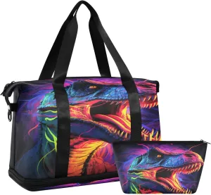 ALAZA Neon Dinosaur Gym Bag Sports Duffel Bag with Shoes Compartment, Overnight Weekender Travel Tote Bag for Women Men Trip College