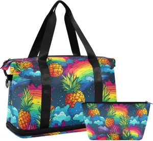 ALAZA Pineapples Rainbow Gym Bag Sports Duffel Bag with Shoes Compartment, Overnight Weekender Travel Tote Bag for Women Men Trip College