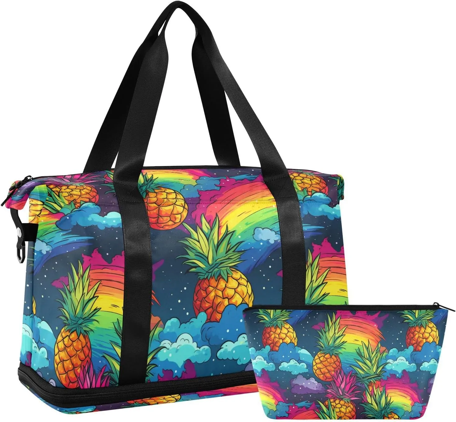ALAZA Pineapples Rainbow Gym Bag Sports Duffel Bag with Shoes Compartment, Overnight Weekender Travel Tote Bag for Women Men Trip College