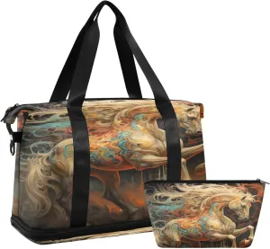 ALAZA Retro Horse Gym Bag Sports Duffel Bag with Shoes Compartment, Overnight Weekender Travel Tote Bag for Women Men Trip College