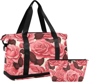 ALAZA Roses Floral Gym Bag Sports Duffel Bag with Shoes Compartment, Overnight Weekender Travel Tote Bag for Women Men Trip College