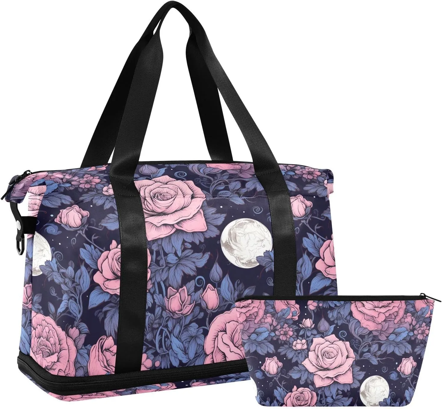 ALAZA Roses Moon Gym Bag Sports Duffel Bag with Shoes Compartment, Overnight Weekender Travel Tote Bag for Women Men Trip College