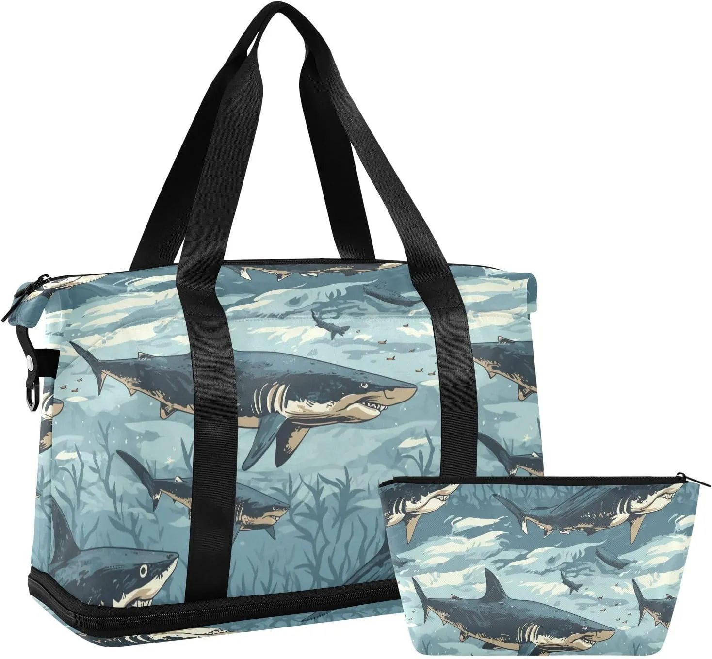 ALAZA Sharks Seaweeds Gym Bag Sports Duffel Bag with Shoes Compartment, Overnight Weekender Travel Tote Bag for Women Men Trip College