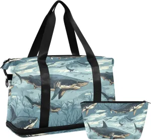 ALAZA Sharks Seaweeds Gym Bag Sports Duffel Bag with Shoes Compartment, Overnight Weekender Travel Tote Bag for Women Men Trip College