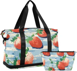 ALAZA Strawberries Blue Stripes Gym Bag Sports Duffel Bag with Shoes Compartment, Overnight Weekender Travel Tote Bag for Women Men Trip College