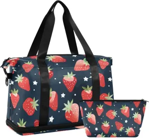 ALAZA Strawberries Stars Gym Bag Sports Duffel Bag with Shoes Compartment, Overnight Weekender Travel Tote Bag for Women Men Trip College