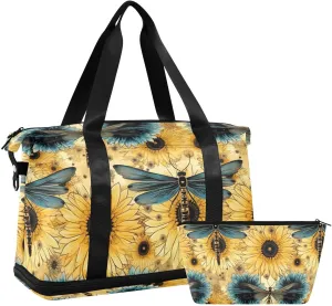 ALAZA Sunflowers Dragonfly Gym Bag Sports Duffel Bag with Shoes Compartment, Overnight Weekender Travel Tote Bag for Women Men Trip College