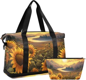 ALAZA Sunflowers Landscape Gym Bag Sports Duffel Bag with Shoes Compartment, Overnight Weekender Travel Tote Bag for Women Men Trip College