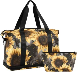 ALAZA Sunflowers Marble Gym Bag Sports Duffel Bag with Shoes Compartment, Overnight Weekender Travel Tote Bag for Women Men Trip College