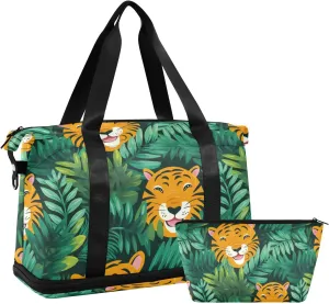 ALAZA Tigers Tropical Leaves Gym Bag Sports Duffel Bag with Shoes Compartment, Overnight Weekender Travel Tote Bag for Women Men Trip College