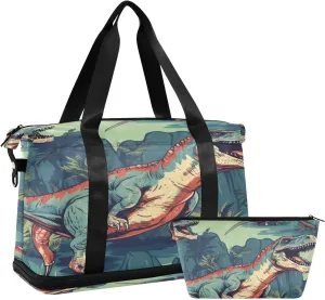 ALAZA Vintage Dinosaur Gym Bag Sports Duffel Bag with Shoes Compartment, Overnight Weekender Travel Tote Bag for Women Men Trip College