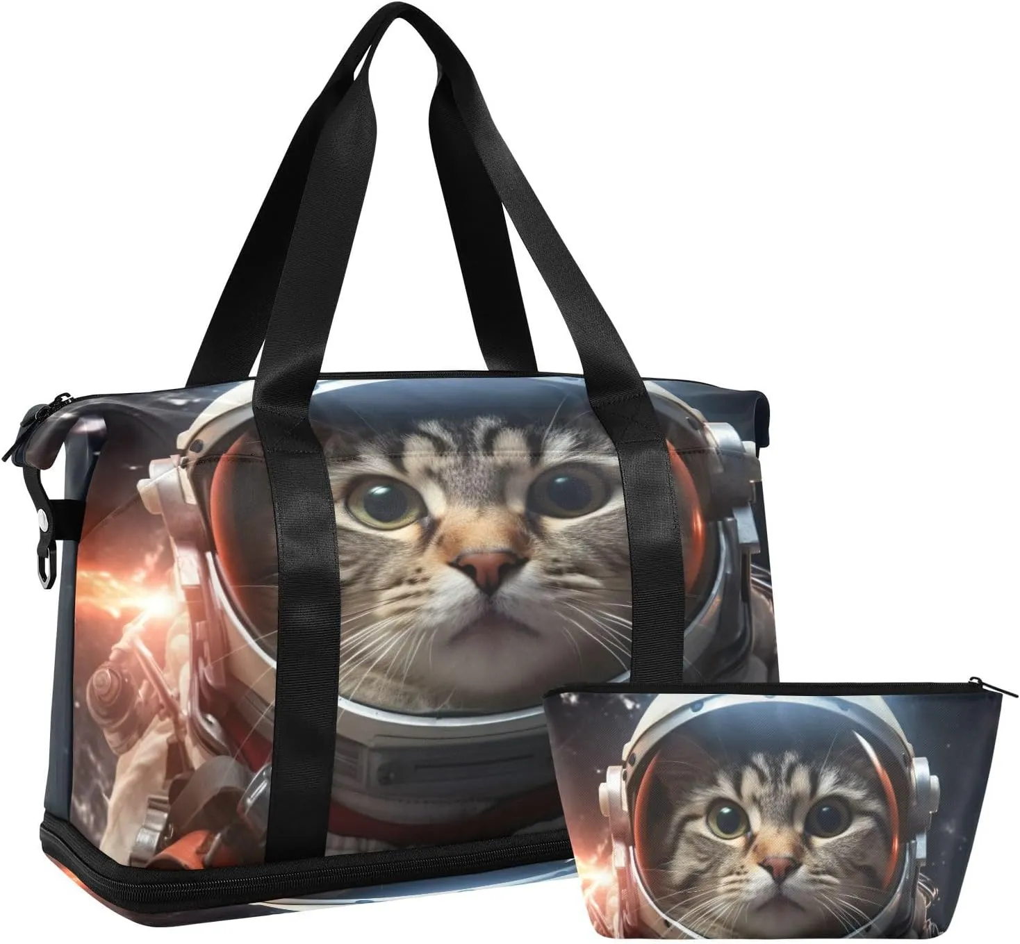 Astronaut Cat Sports Gym Bag,Travel Duffel bag with Wet Pocket & Shoes Compartment Lightweight Waterproof Overnight Bag for Men Women