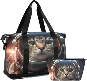 Astronaut Cat Sports Gym Bag,Travel Duffel bag with Wet Pocket & Shoes Compartment Lightweight Waterproof Overnight Bag for Men Women