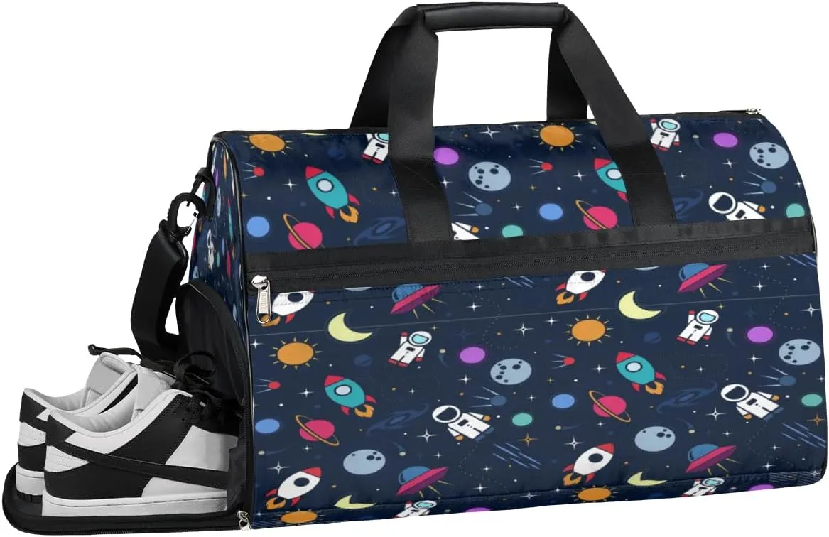 Astronaut Spaceshuttle Gym Bag for Men Women Cartoon Cute Sports Duffle Bags Weekender Overnight Bag with Shoes Compartment Waterproof Travel Bags