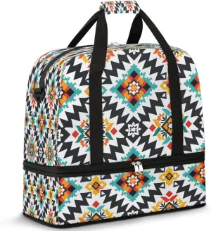 Aztec Southwestern Abstract Modern Geometric Foldable Travel Duffel Bag Overnight Weekender Bags with Shoes Compartment Sports Gym Bags for Men Women