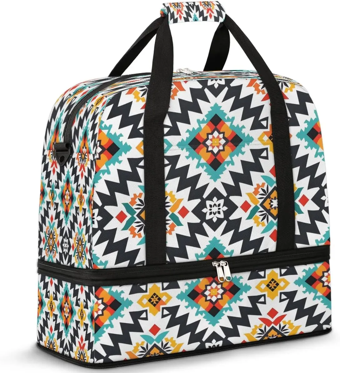 Aztec Southwestern Abstract Modern Geometric Foldable Travel Duffel Bag Overnight Weekender Bags with Shoes Compartment Sports Gym Bags for Men Women