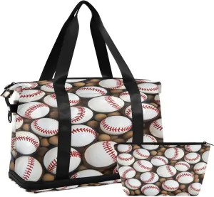 Baseball Pattern Gym Bag for Men Women with Shoes Compartment & Wet Pocket Sport Travel Duffel Bag Waterproof Weekender Overnight Bag