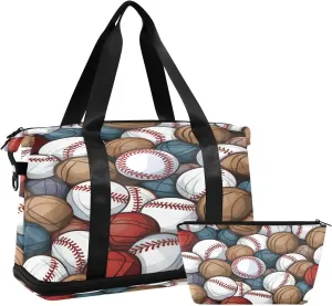 Baseball Pattern Gym Bag for Men Women with Shoes Compartment & Wet Pocket Sport Travel Duffel Bag Waterproof Weekender Overnight Bag