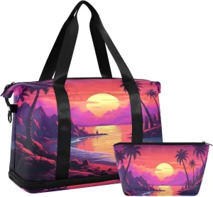 Beach Sunset Gym Bag for Men Women with Shoes Compartment & Wet Pocket Sport Travel Duffel Bag Waterproof Weekender Overnight Bag