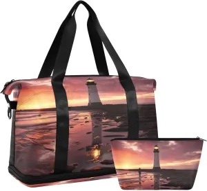 Beautiful Lighthous Gym Bag for Men Women with Shoes Compartment & Wet Pocket Sport Travel Duffel Bag Waterproof Weekender Overnight Bag