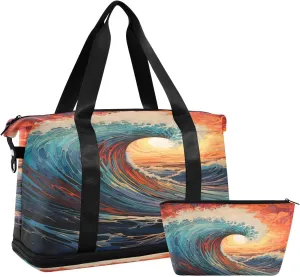 Big Waves Gym Bag for Men Women with Shoes Compartment & Wet Pocket Sport Travel Duffel Bag Waterproof Weekender Overnight Bag