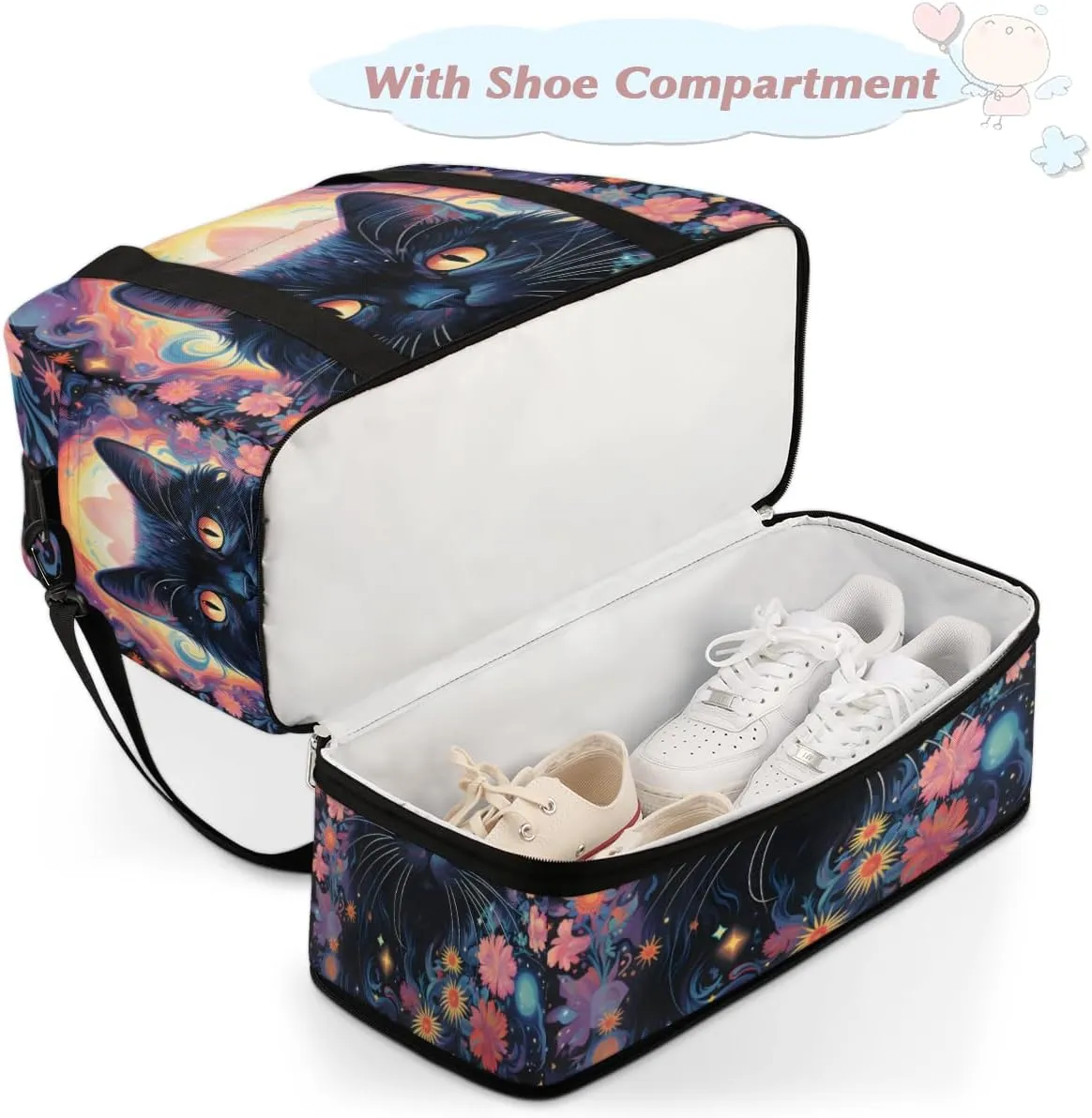 Black Cat Print Foldable Travel Duffel Bag Overnight Weekender Bag with Shoes Compartment Sports Gym Bag for Men Women