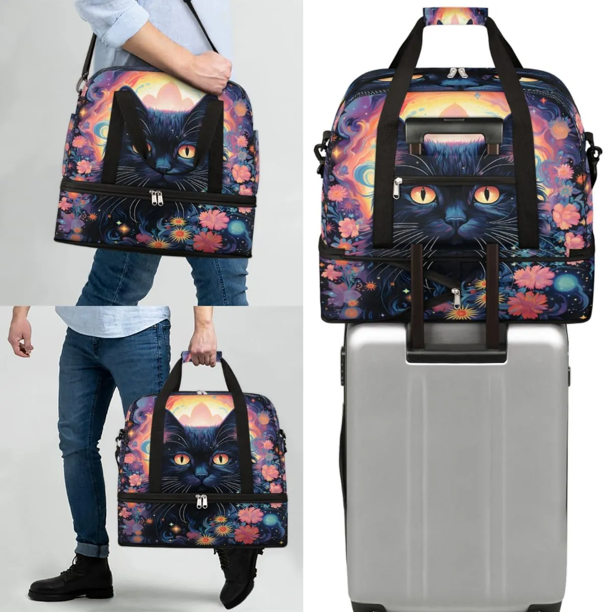 Black Cat Print Foldable Travel Duffel Bag Overnight Weekender Bag with Shoes Compartment Sports Gym Bag for Men Women
