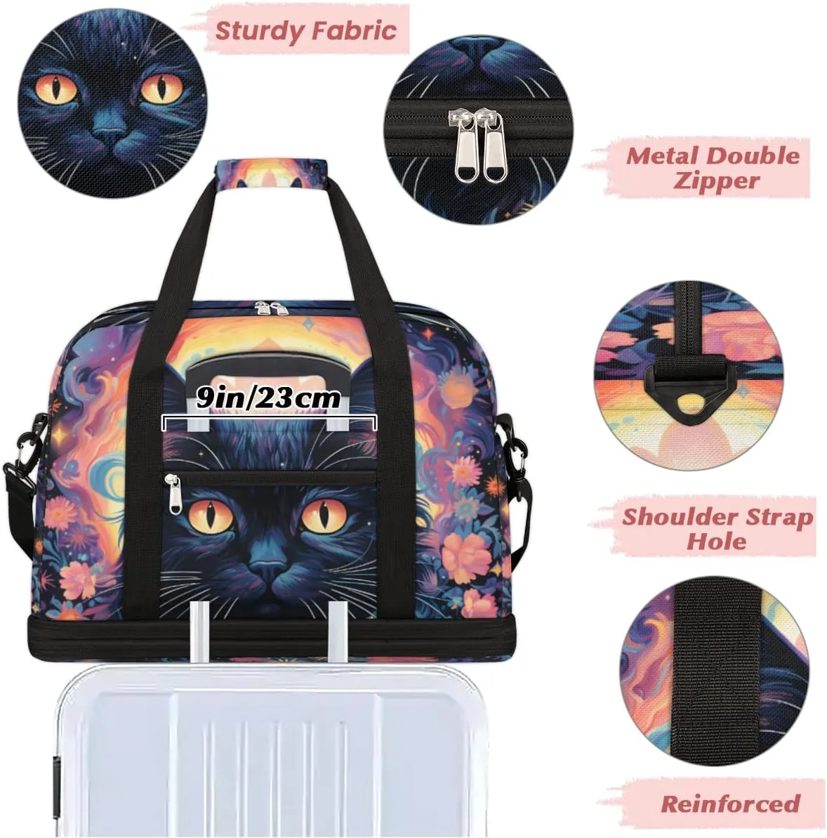 Black Cat Print Foldable Travel Duffel Bag Overnight Weekender Bag with Shoes Compartment Sports Gym Bag for Men Women