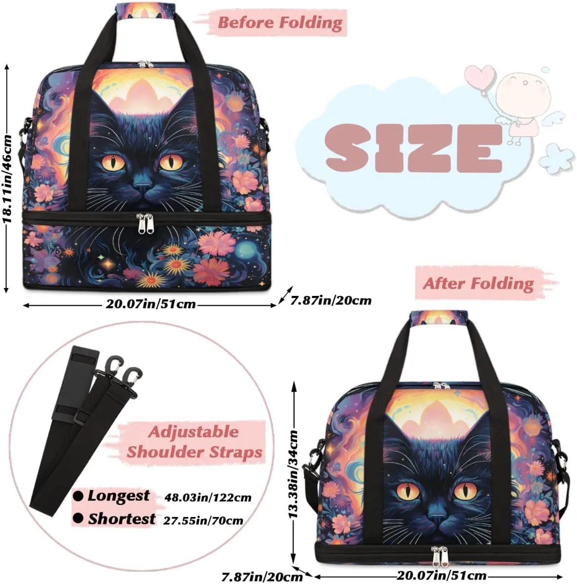 Black Cat Print Foldable Travel Duffel Bag Overnight Weekender Bag with Shoes Compartment Sports Gym Bag for Men Women