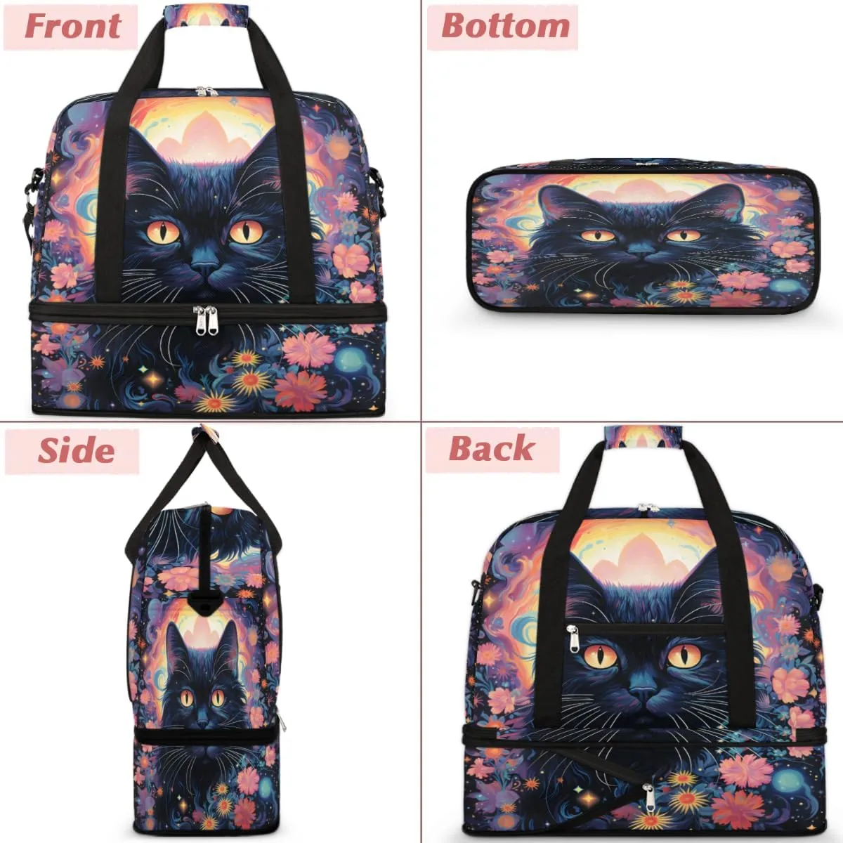 Black Cat Print Foldable Travel Duffel Bag Overnight Weekender Bag with Shoes Compartment Sports Gym Bag for Men Women